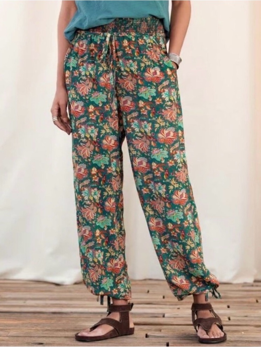 Sundance Riya Exotic Floral Boho Harem Pants Jogger Drawstring Jacobean Modal M